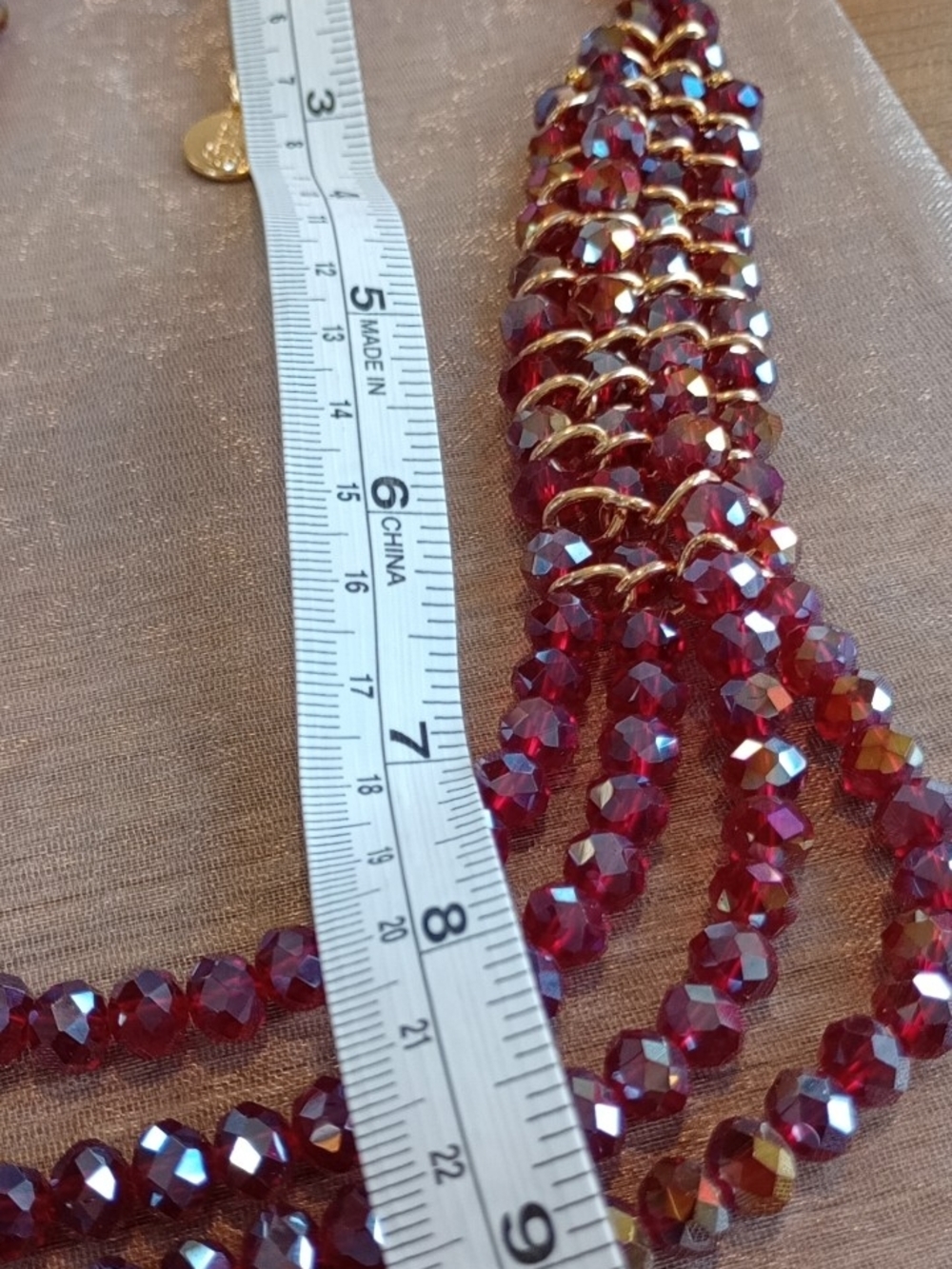 🎈🎈 Ruby Red/Gold Tone Faceted Crystal Necklace/Aurora Borealis/Necklace - Picture 4 of 12